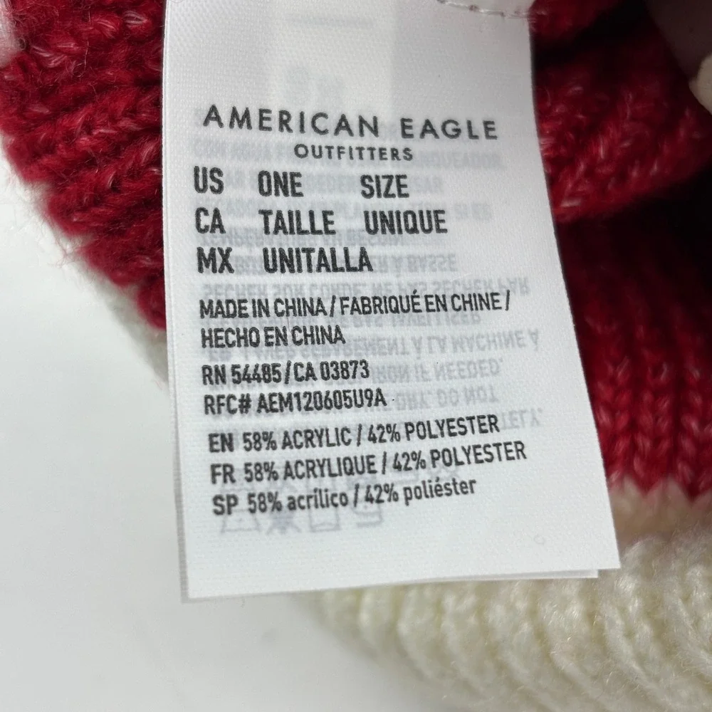 New American Eagle Beanie Womens OS Red Pom‎ Pom Ribbed Knit Holiday Hat Winter